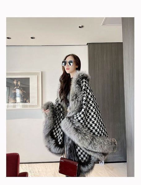 Over coat women faux fur plaid poncho shawl
