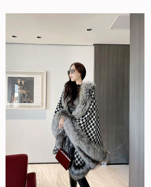 Over coat women faux fur plaid poncho shawl