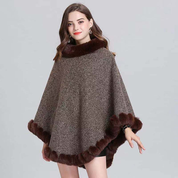 Warm Poncho Faux Fur Knitted Shawl