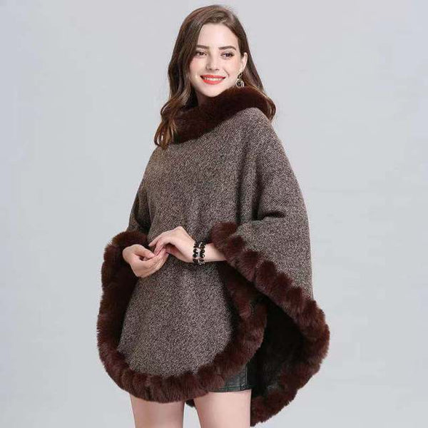 brown Warm Poncho Faux Fur Knitted Shawl