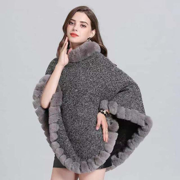 Warm Poncho Faux Fur Knitted Shawl