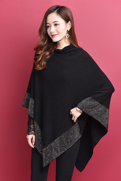 Knitted Vintage Coat Black Sweater Shawl Women Poncho