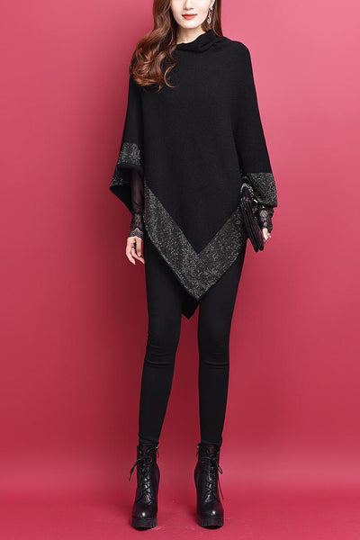 Knitted Vintage Coat Black Sweater Shawl Women Poncho