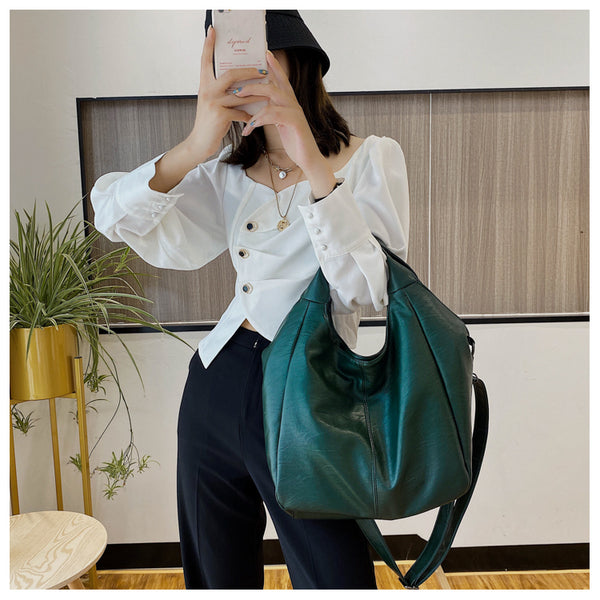 Half Moon Large Capacity Hobo Shopper Bag Soft PU -Green, White and Black