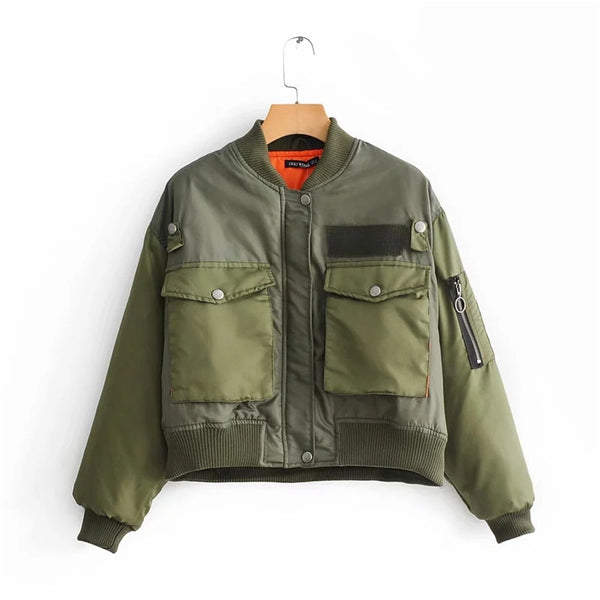 stylish lady green short zipper bomber jacket
