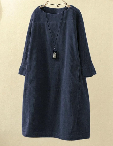 Blue corduroy casual solid dress plus size 5x loose dress women