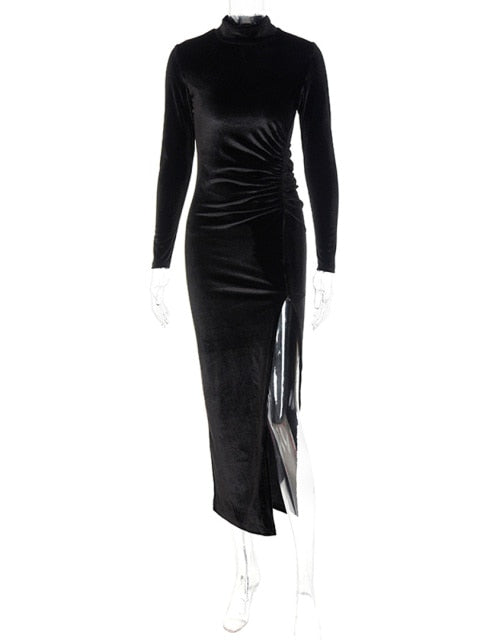 Solid Spandex Velvet Long Sleeve Ruched High Slit Bodycon Sexy Party Elegant Long Dress-available in other colors
