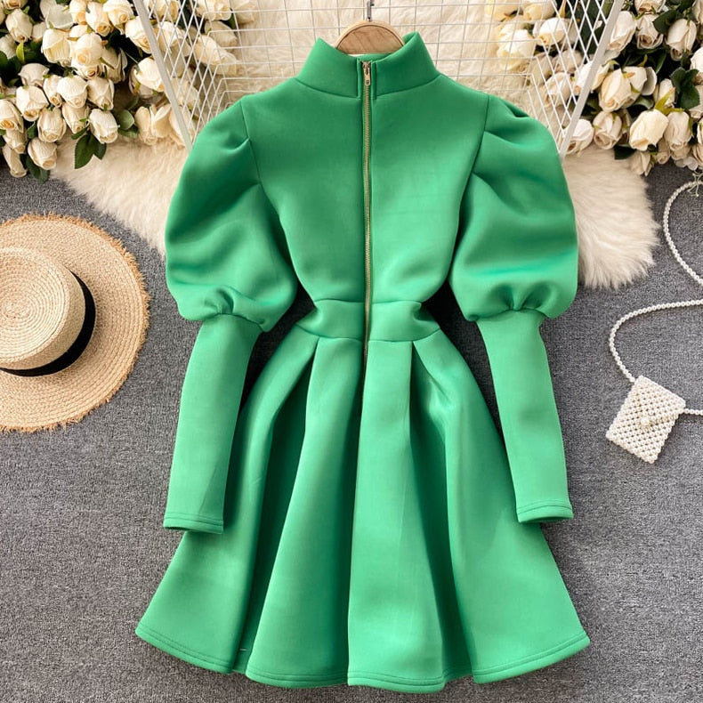 Autumn Winter Puff Long Sleeve Turtle Neck Dress Green / One Size Autumn Winter Puff Long Sleeve Turtle Neck Dress Green / One Size