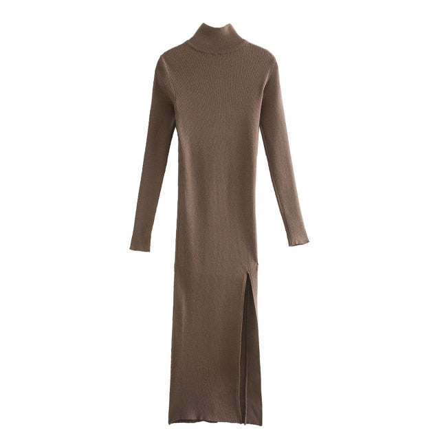 Long Sleeves High-Neck Elegant Chic Lady Knit Sweater Dress COFFEE / M Long Sleeves High-Neck Elegant Chic Lady Knit Sweater Dress COFFEE / M