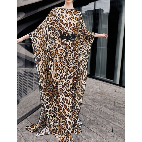 Plus size Boho Maxi Dress Beach Cover up Kaftan Leopard Print Beachwear