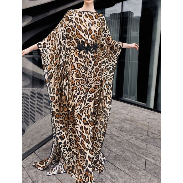 Plus size Boho Maxi Dress Beach Cover up Kaftan Leopard Print Beachwear