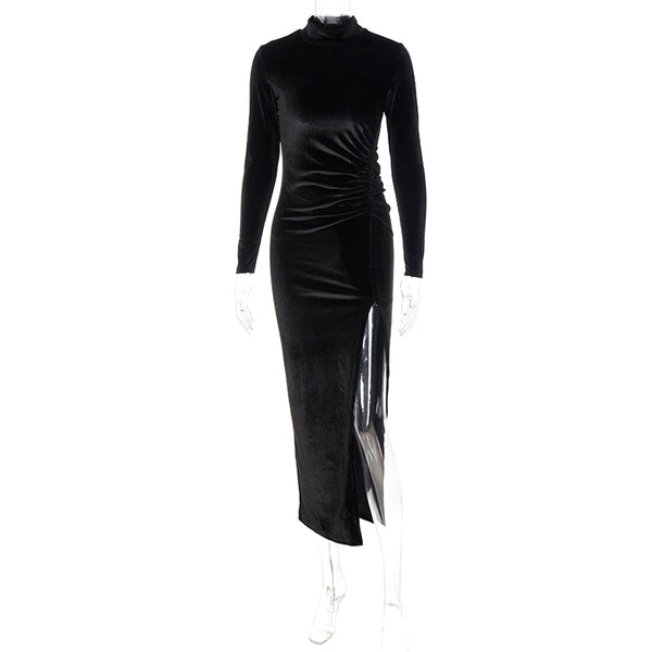 Solid Spandex Velvet Long Sleeve Ruched High Slit Bodycon Sexy Party Elegant Long Dress-available in other colors