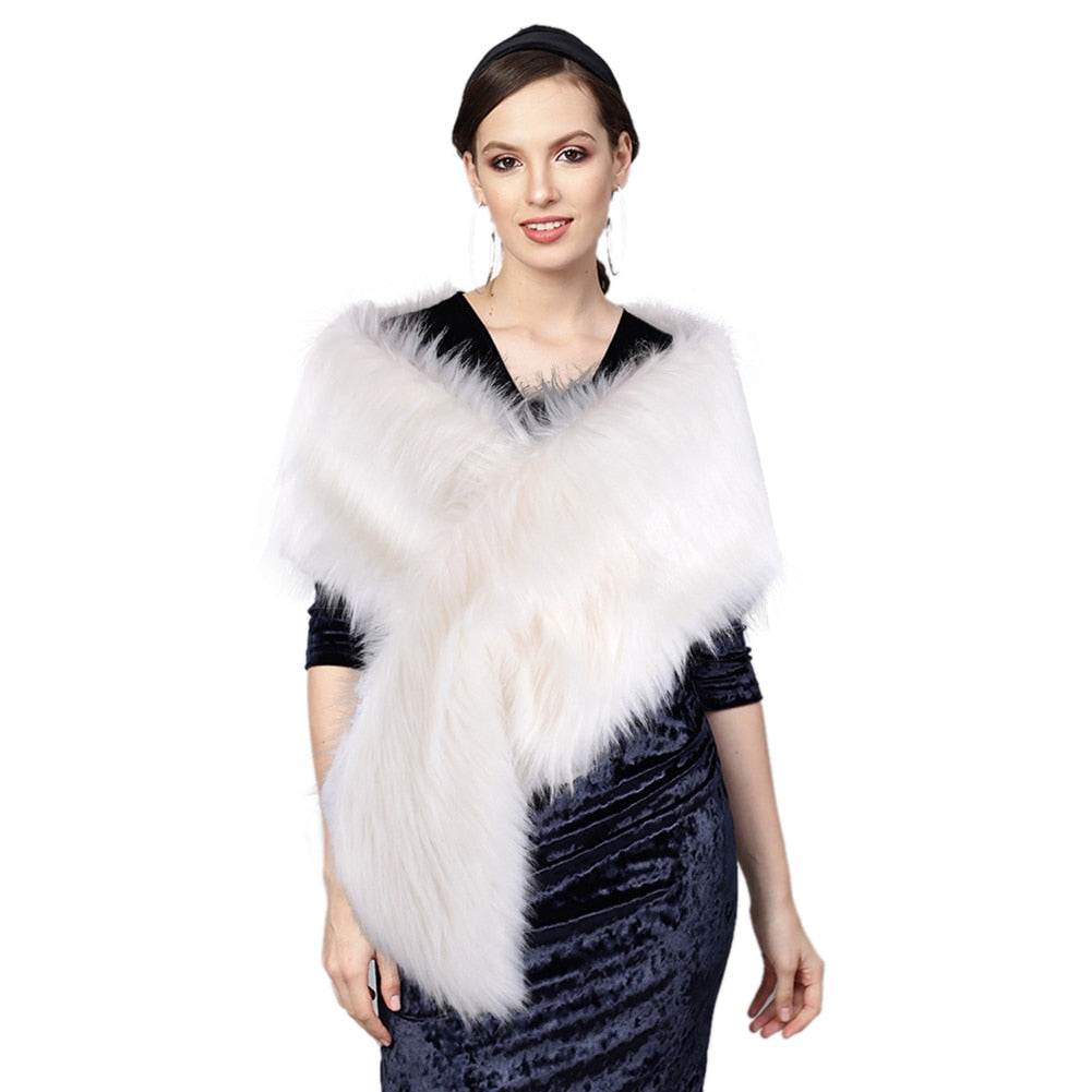 white Women's Deluxe Faux Fur Shawl Shrug-many colors available