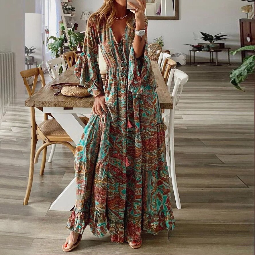 V Neck Elegant Floral Print Long Sleeve Casual Dress up to 3XL 03 Blue(No Belt) / M V Neck Elegant Floral Print Long Sleeve Casual Dress up to 3XL 03 Blue(No Belt) / M