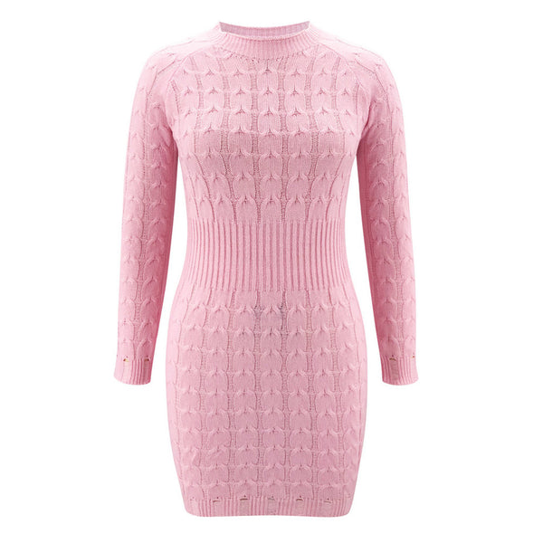 Women Solid Color Knitted Mini Pencil Dress O-Neck Long Sleeve
