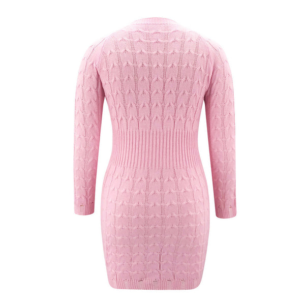 Women Solid Color Knitted Mini Pencil Dress O-Neck Long Sleeve