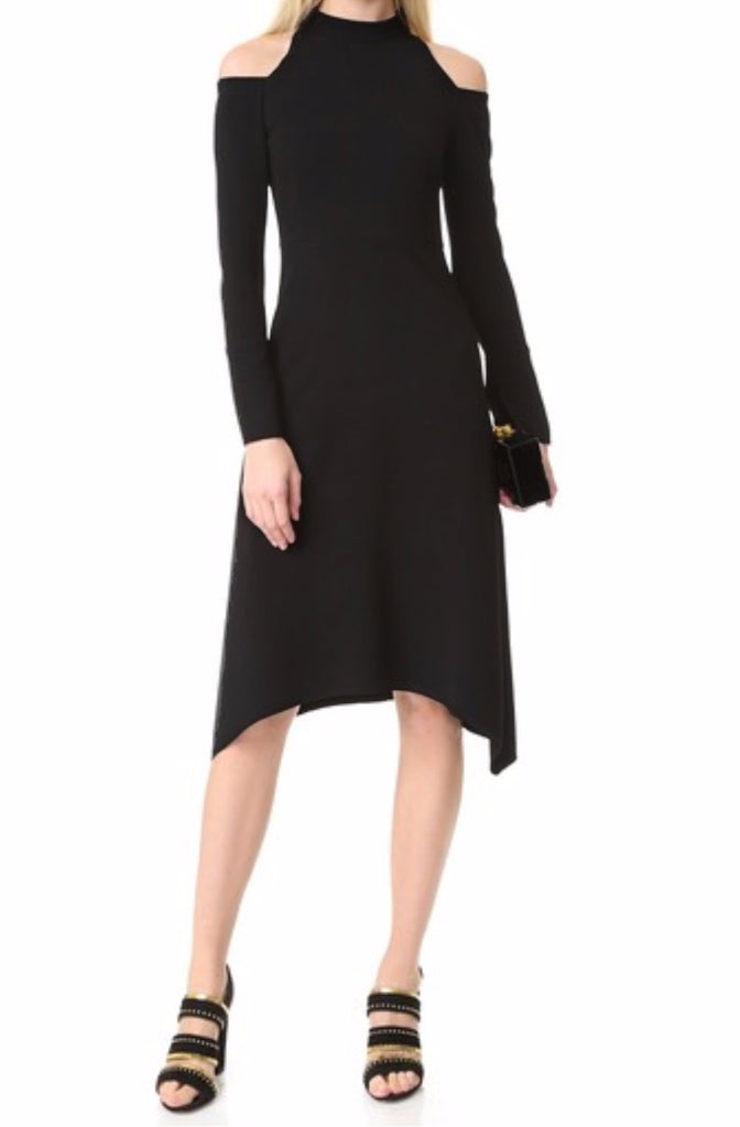 Turtleneck -Shoulder Cut Out Asymmetrical Midi -Little black dress