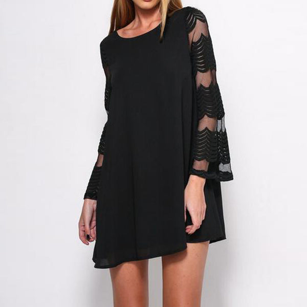 Round Neck Mesh Sheer Long Bell Sleeve Mini Dress-COLORS: BLACK AND WHITE