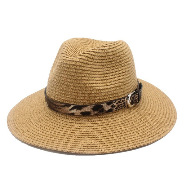 Tan Straw Panama Fedora Sun Hat Wide Brim-with leopard print ribbon